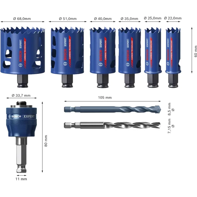 Coffret de 6 scies trépans Bosch EXPERT Multi Material Power Change Plus 22 - 25 - 35 - 40 - 51 - 68 mm - 2608901907 — Référence 2608901907 — vue 4
